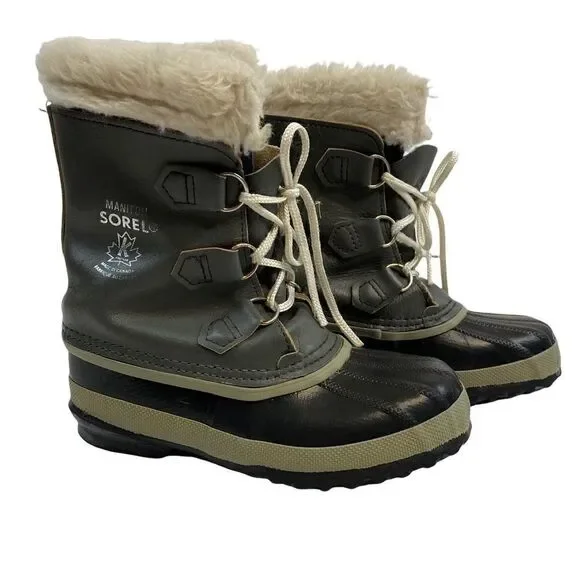 Sorel Unisex Gray Black Waterproof Faux Fur Lined Winter Snow Boots Size 3 Wool