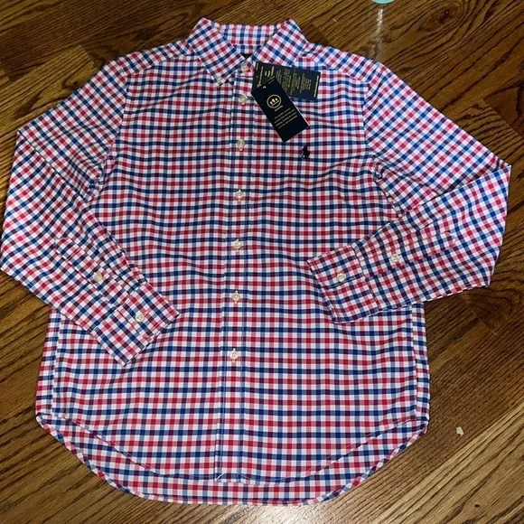 Ralph Lauren boys long sleeved performance Oxford shirt red & blue gingham M&L