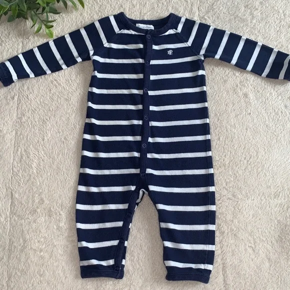 Ralph Lauren 6M Navy Blue & White Stripe Romper EUC Coverall