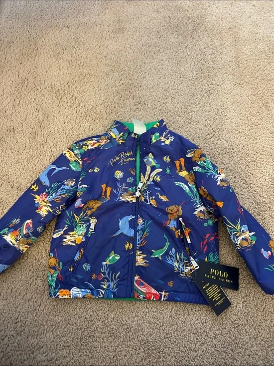 Ralph Lauren Navy Kids' Ocean Print Windbreaker, REVERSIBLE