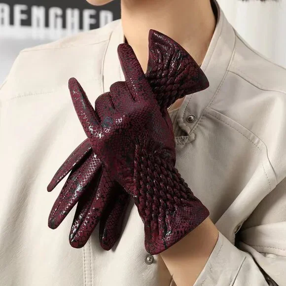 Burgundy Snake Print Touchscreen Gloves | Fleece Lined Warm