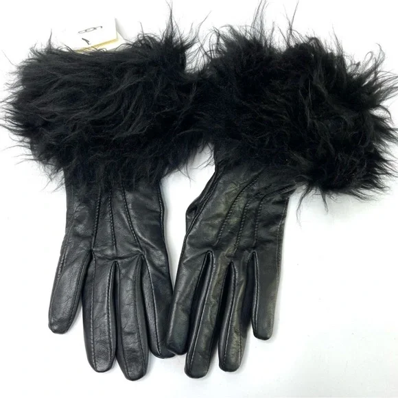 UGG Black Leather Gloves NEW With Fur Trim Black NEW Size S