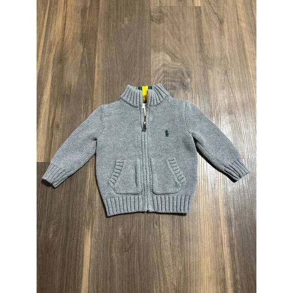 Ralph Lauren Baby Boys' Full Zip Gray Sweater‎ 9 Months 100% Cotton Knit