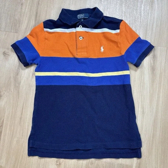 Vintage Boys Polo Ralph Lauren Polo Shirt Size 6 Stripes Preppy Orange & Blue