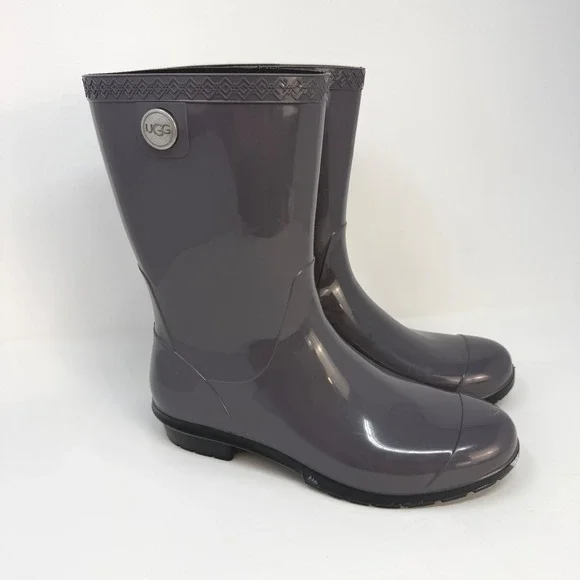 UGG Shaye Rain Boots Dark Grey Glossy Waterproof Mid Calf Boots Womens Size 9