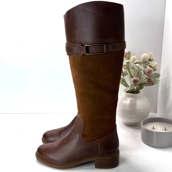 Clarks Maye Carly Leather/Suede Knee High Boots Buckle Detail Brown Women's 6M
