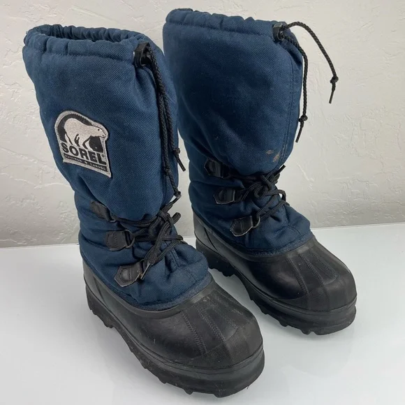 VTG‎ Sorel Boots Winter Snow Arctic Heavy Lined Blue Black Lace Up Heavyweight
