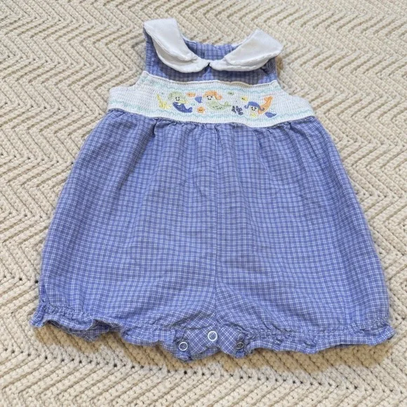 First Moments Romper‎ Baby Girl 3-6 Month Smocked Mermaids Sleeveless Plaid VTG