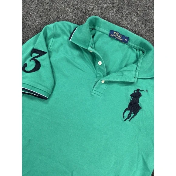 VTG Polo Ralph Lauren Big Pony #3 Polo Shirt Green Youth XL Boys Cotton