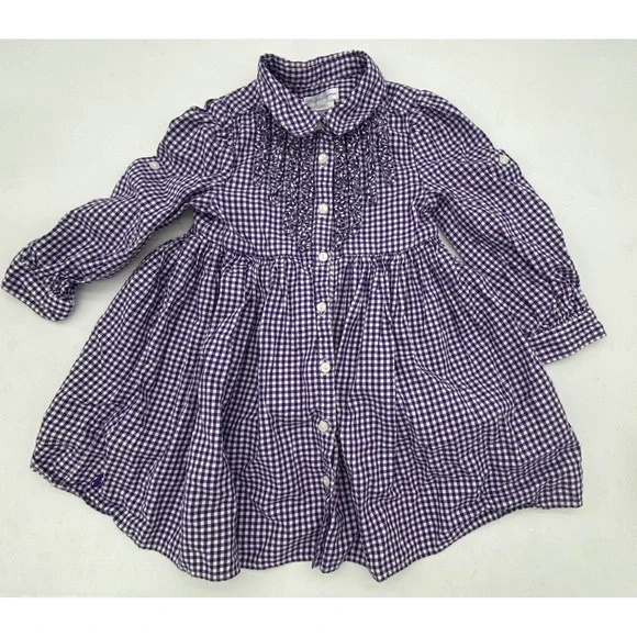 Ralph Lauren Purple Gingham Ruffle Front Cotton Dress 24M Toddler Girls Long Slv