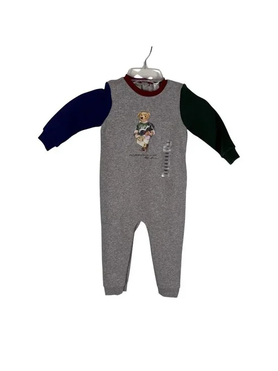 Ralph Lauren Kids 18M Gray Colorblock Polo Bear Fleece Coverall Romper NWT