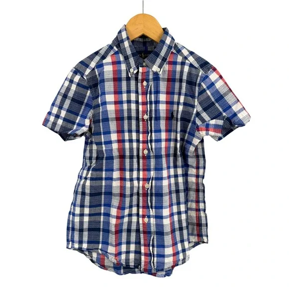 Ralph Lauren Boys Size 7 Plaid‎ Short Sleeve Button Down Shirt Blue Red Pony