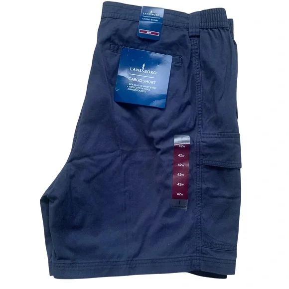 Lanesboro Navy Blue Cargo Shorts Cotton Twill Pockets Elastic Sides Men’s 42W