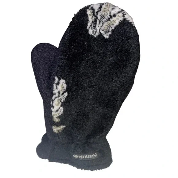 Nanuk | Medium | Black Fleece Mittens | Floral Pattern Mitts | Made‎ in Canada