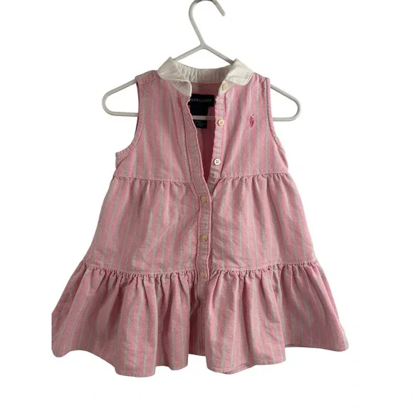 Ralph Lauren Dress 12M Pink Striped Tiered Sleeveless Cotton Kids