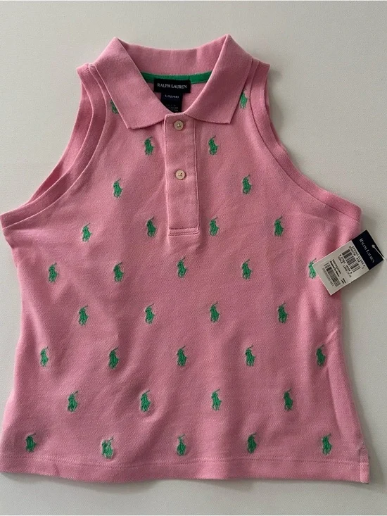 Ralph Lauren Girls 12-14 Pink Sleeveless Polo Tank with Green Pony Embroidery