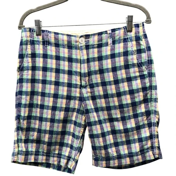 Gap Boys 14 Husky Cotton Linen Shorts Blue Madras Plaid Flat Front Multicolor