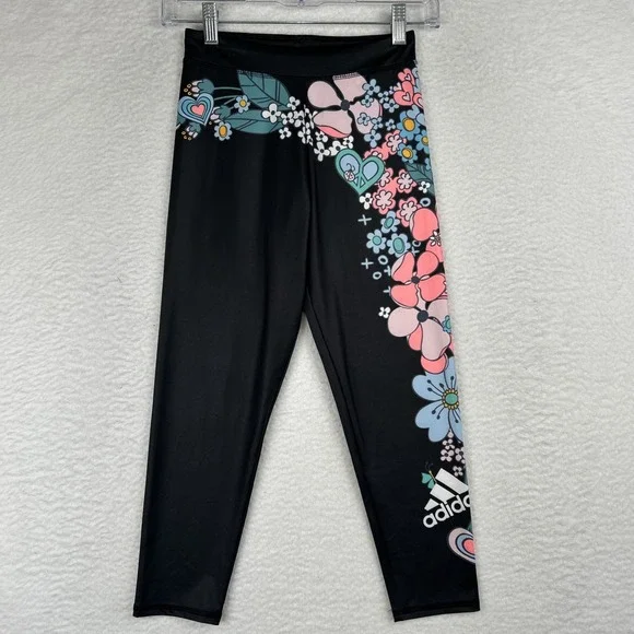 Adidas NEW Girls Floral Print 7/8 Athletic Leggings Gray Multicolor Sz Large