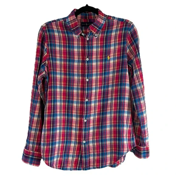 Ralph Lauren Shirt Colorful Pink Plaid Pony‎ Button Up Soft LS Boys Youth Sz 12