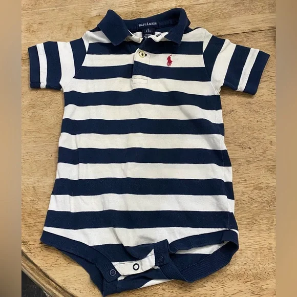 Vintage Ralph Lauren Infant Sz M (6-12m) Navy/White Striped Mesh‎ Polo Bodysuit