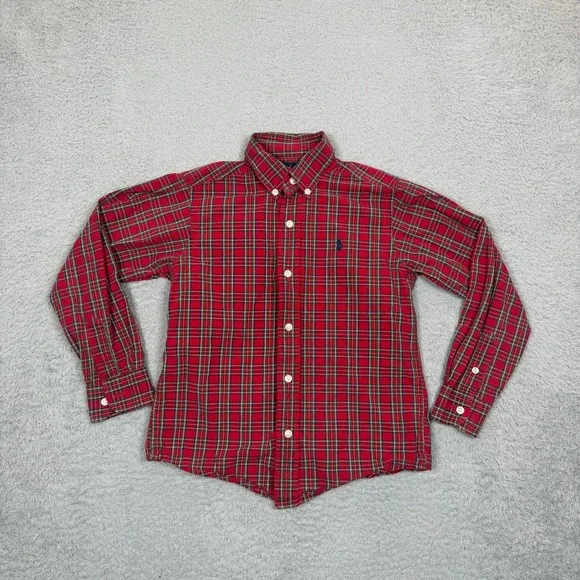 Ralph Lauren Kids Red Plaid Button Down Shirt Sz 6 Long Sleeve Cotton Pony Logo