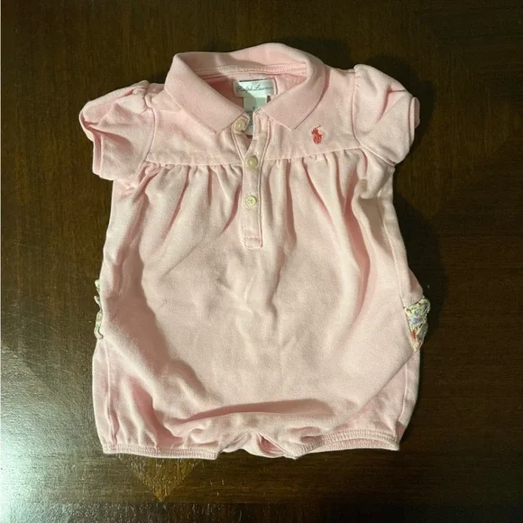 Ralph Lauren | short sleeve pink bubble ruffle polo shirt romper | 9 mo