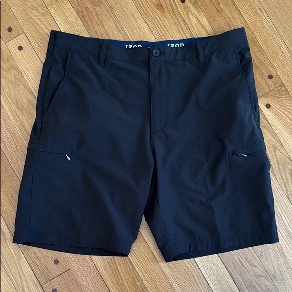 IZOD Men 38 Golf Shorts Black Zipper Cargo Pockets 10