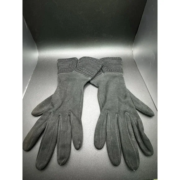 Mid Century Black Nylon Gloves With Decorative Cuff By Hanser -‎ Size 7