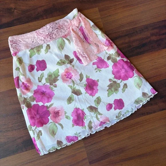 Cherokee Girls Pink Floral Mesh Mini Skirt Lace Waist Lettuce Hem Size S 6 6X