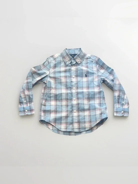 Ralph Lauren Sz 4T Boys Plaid Button-Down Shirt Long-Sleeve Blue White Button-Up