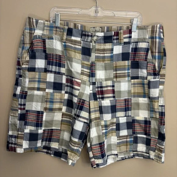 LL Bean Shorts Mens 40W Blue Plaid Madras Patchwork Chino 9