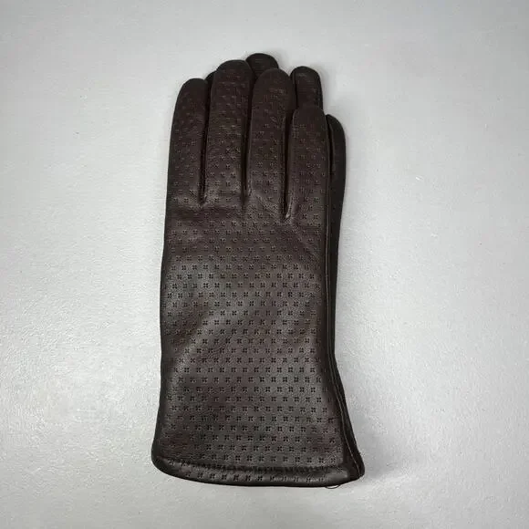 Perforated Leather Fleece Lined Gloves Brown Womens One Size Classic