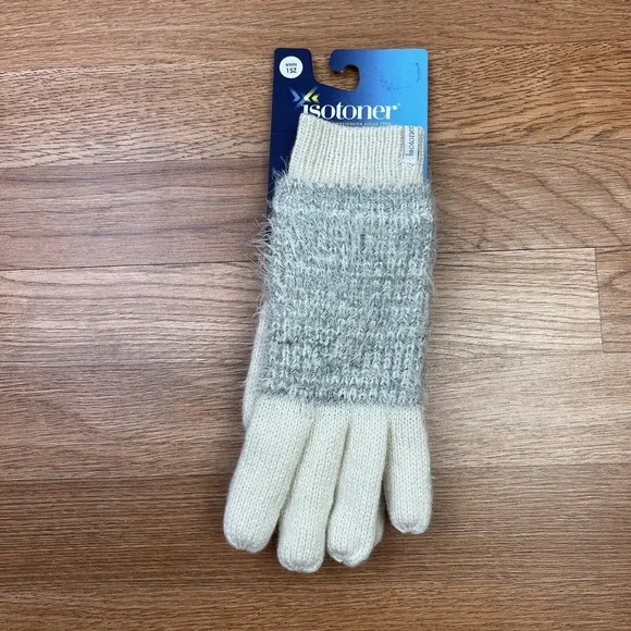 Isotoner Women's Feather Yarn Knit Cold Weather Gloves, One Size, Ivory NEW‎
