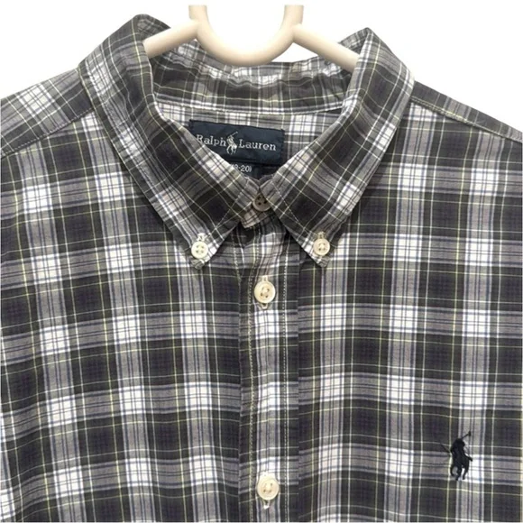 Ralph Lauren Blue Green and White Plaid Button Down Shirt Youth XL 18-20
