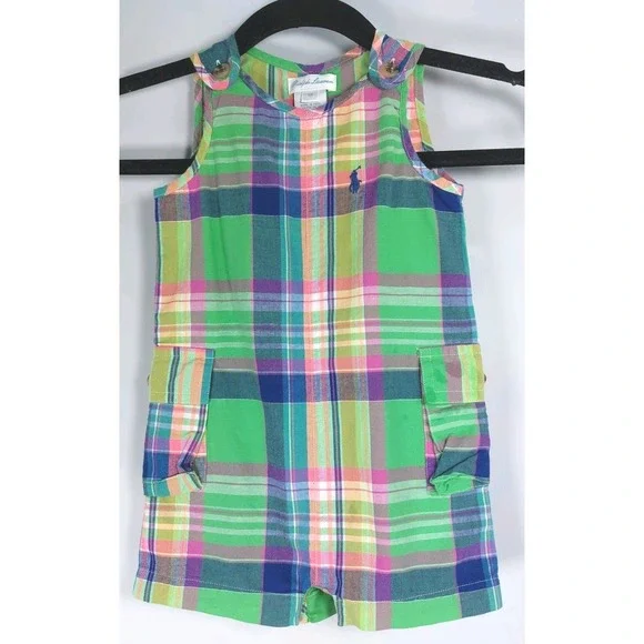 Ralph Lauren‎ Baby Jumper Plaid Green Pink Blue Size 6M Blue Pony