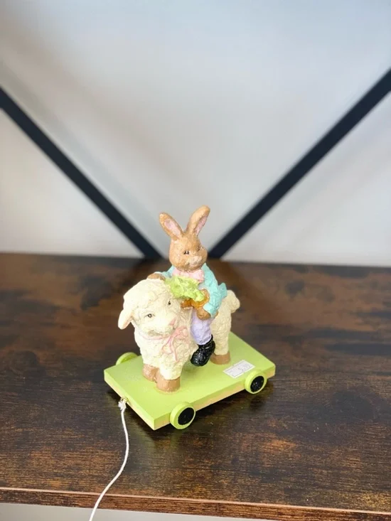 Easter Bunny on Lamb Pull Toy - Green