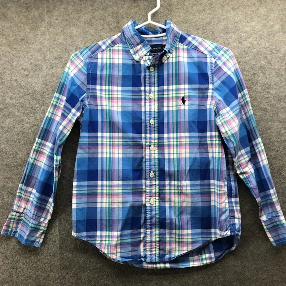 Polo Ralph Lauren Boys Size 8 Long Sleeve Button Down Shirt Blue Plaid