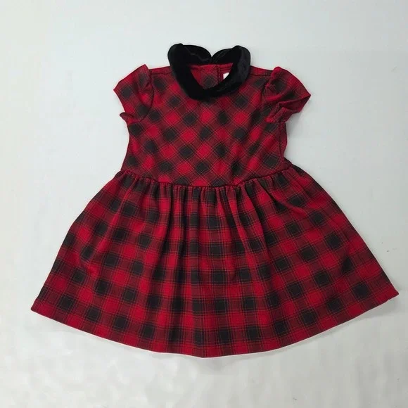 Ralph Lauren Baby Girls 9M Red Black Plaid Tartan‎ Dress Velvet Collar Holiday