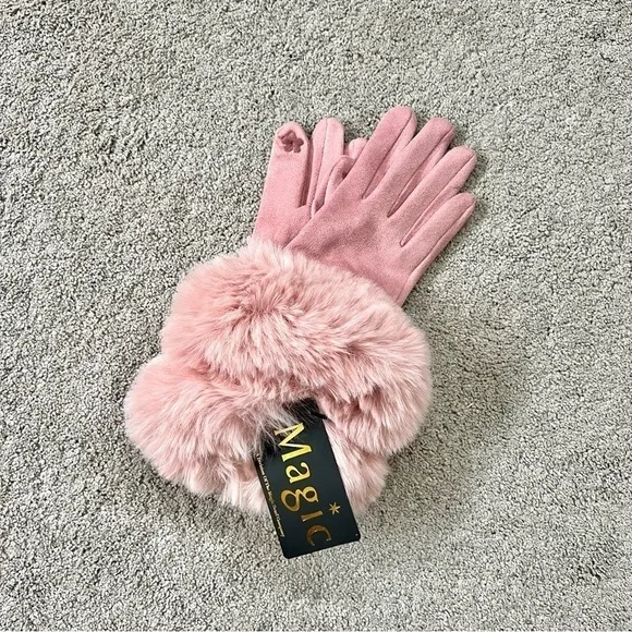 Super-Soft Faux Suede Pink Gloves Faux Rabbit Fur Tech Touch Fingers Size S