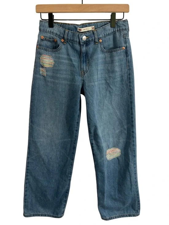 Girls Levi’s Wide Leg Distressed Jeans Size 14 Adjustable Waist Stretch Denim