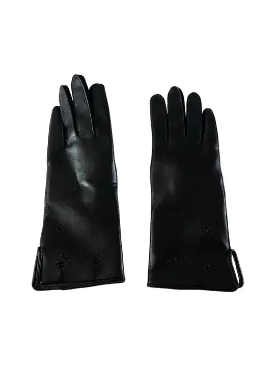 Vintage Black Novahide Vinal Floral Detail Lady's Gloves