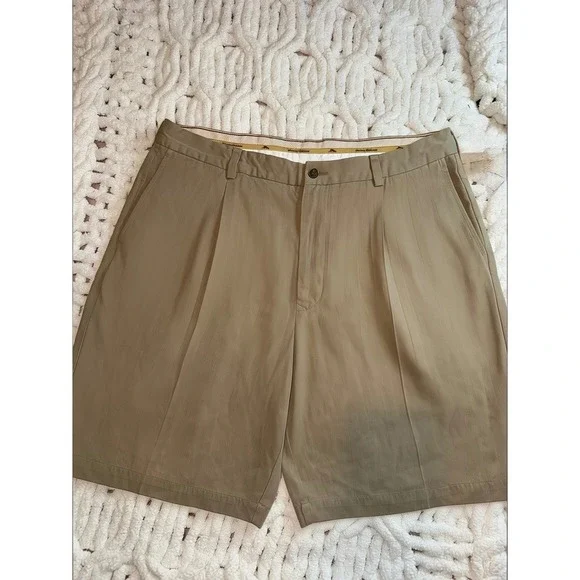 Tommy Bahama Mens 38 Silk Bamboo Blend Pleated Shorts Khaki Tan Island Casual