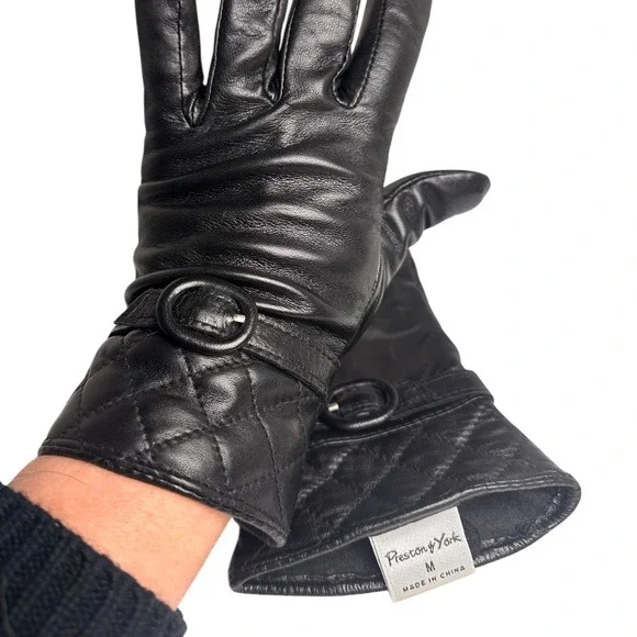 Vintage Preston‎ & York Black Leather Gloves Quilted Fleece Lined M