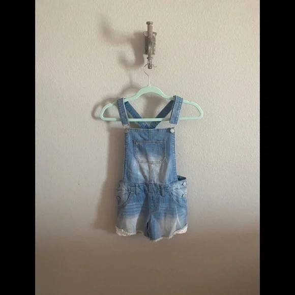 Cherokee Lace Trim Stretch Denim Overall Shorts​​​​​​​​​