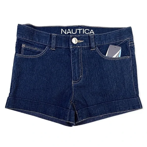 Nautica Girls Denim Shorts Size 10 Dark Indigo Cuffed Stretch Coastal Prep NWT