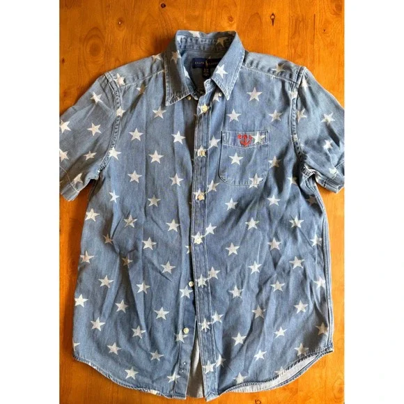Ralph Lauren Kids XL 18-20 Blue Star Print Denim Anchor Short Sleeve Shirt