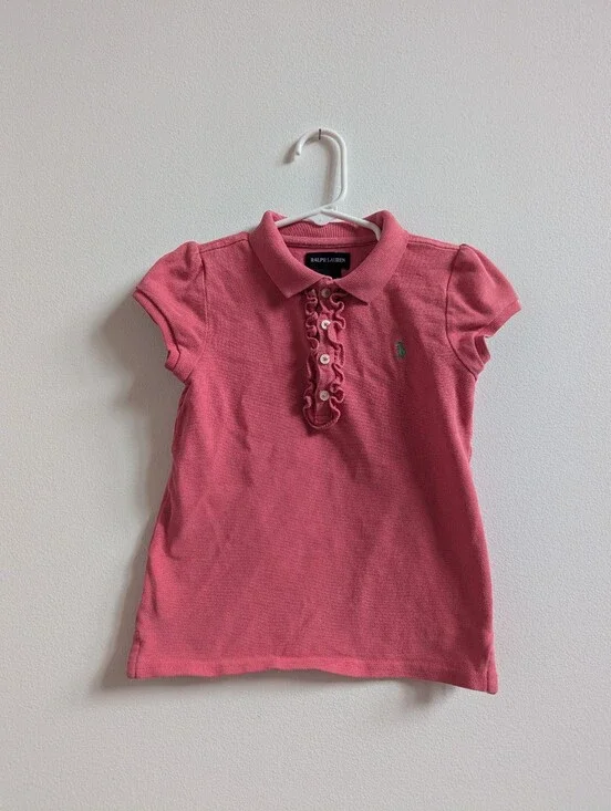 Ralph Lauren Shirt 5 Girls Salmon Pink Ruffle Preppy Polo Pony