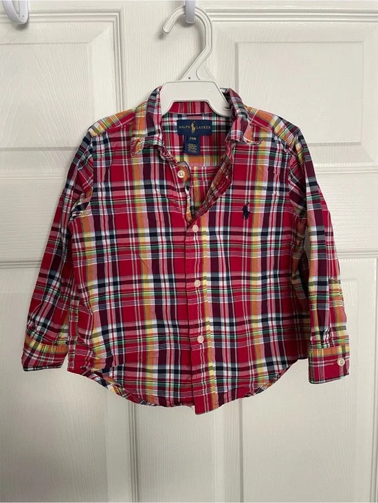 Ralph Lauren 18-24 Months Red Plaid Button-Down Shirt for Kids 100% Cotton