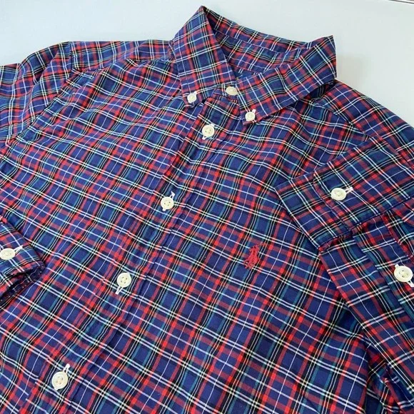 Ralph Lauren Boys Size M (10-12) Plaid Button Down Shirt Red Blue Preppy Classic