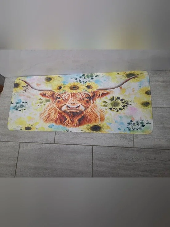 Sunflower Highland Cow Oversized Memory Foam Mat- Yellow & Brown
